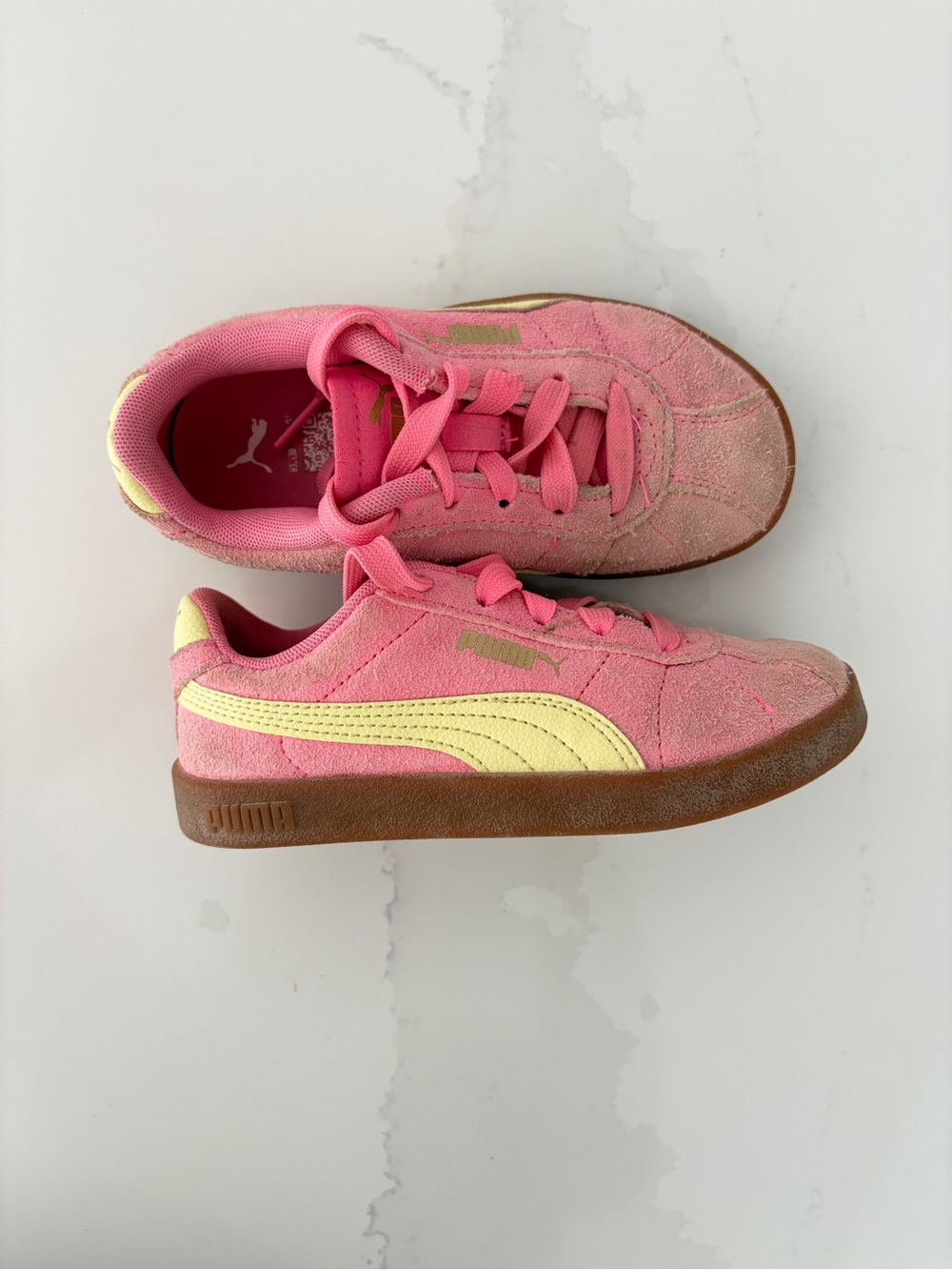 Puma Pink Suede Kids Sneakers with Yellow Stripe